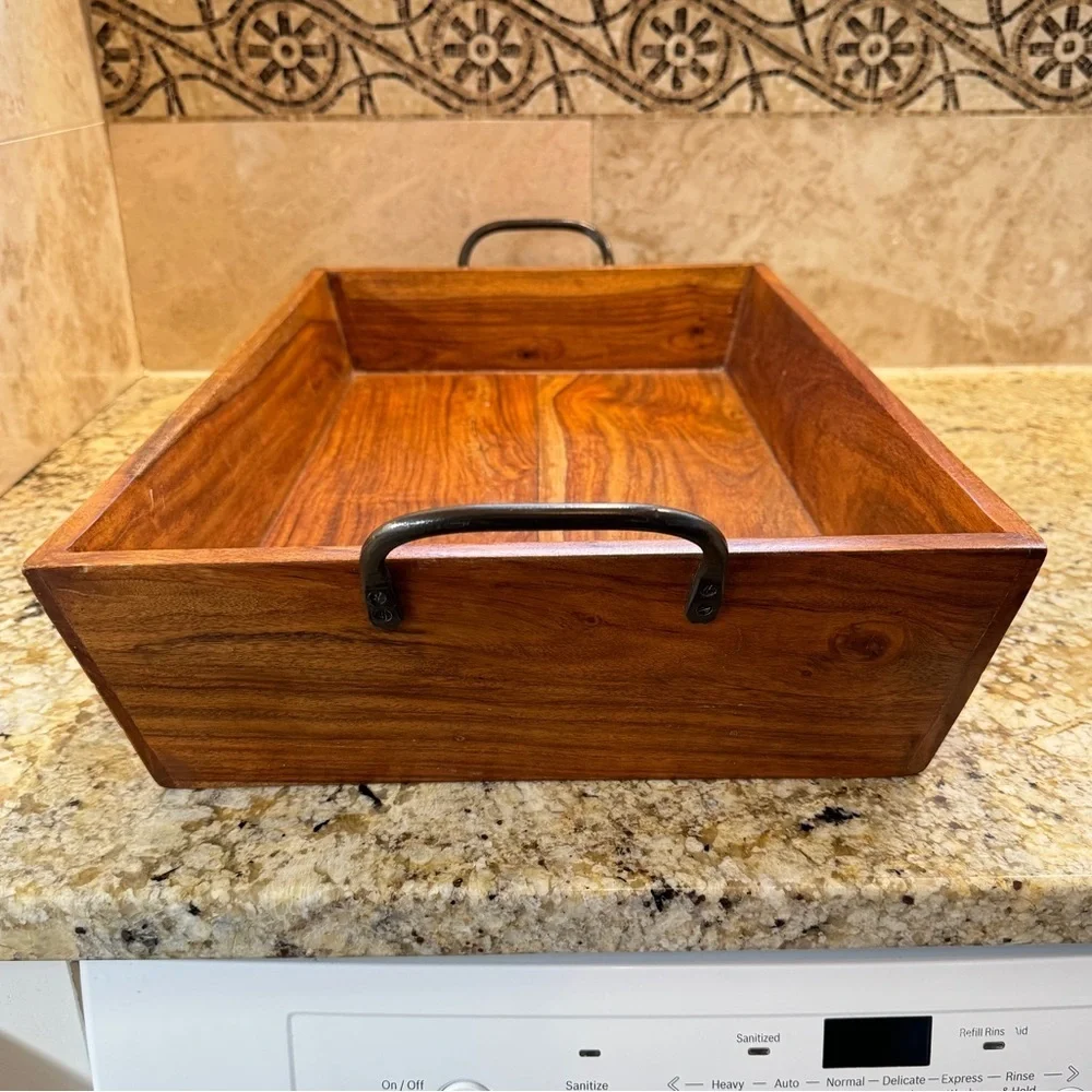 Large Rectangular Wood Tray with Metal Handles